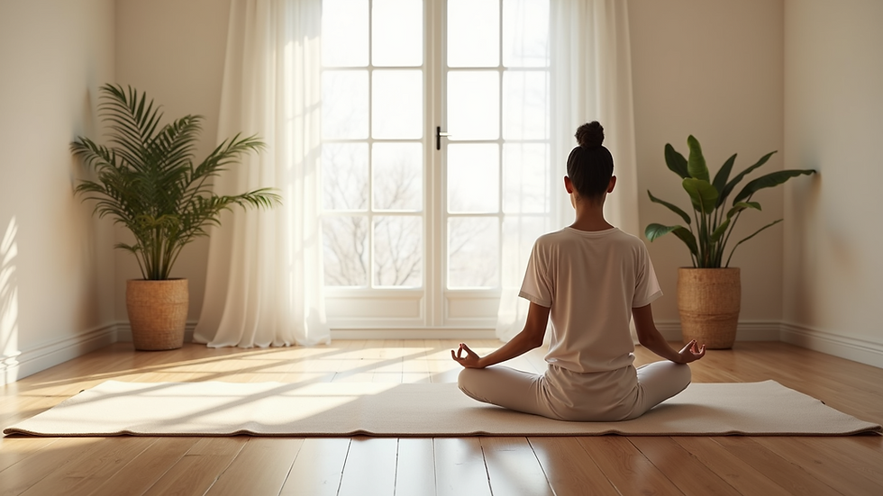 High angle view of a yoga mat and meditation space in a bright room