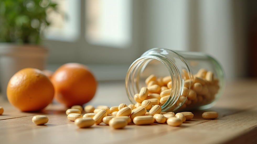 Close-up of a variety of probiotic supplements on a wooden table