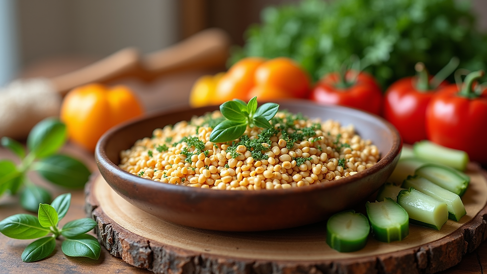 Close-up view of a healthy meal with fresh vegetables and grains on a wooden table
