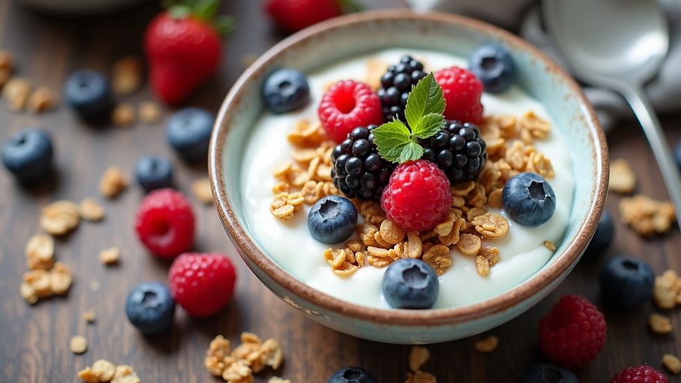 High angle view of a healthy meal with probiotic food sources like yogurt, berries, and granola