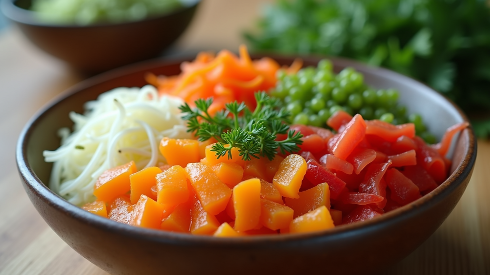 Eye-level view of a bowl filled with colorful probiotics-rich fermented vegetables