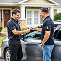 image of a man dressed in black polo shirt and black pants handing keys to a customer next