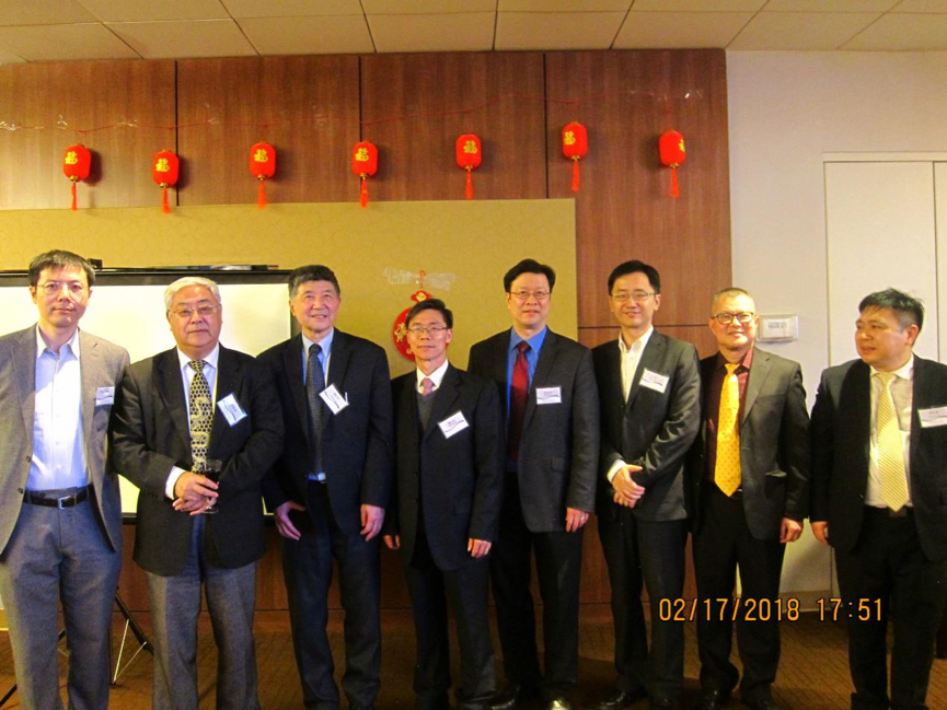 从左至右:纽约科技协会会长颜为民、中美商务研究院院长夏善晨、俱乐部会长周谷声、 湖南商会副会长谢旺红、北美高校联盟副会长刘思东、复旦纽约校友会会长宋翔、广东商会会长刘子扬、韦仕登资本创始合伙人屈正哲。