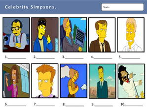 The Simpsons trivia picture round preview: Celebrity Simpsons, with blank answer lines