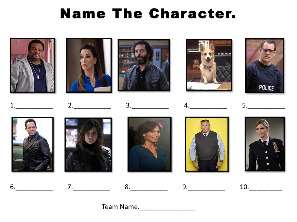 Brooklyn Nine-Nine trivia picture round preview: Name the Character, with blank answer lines