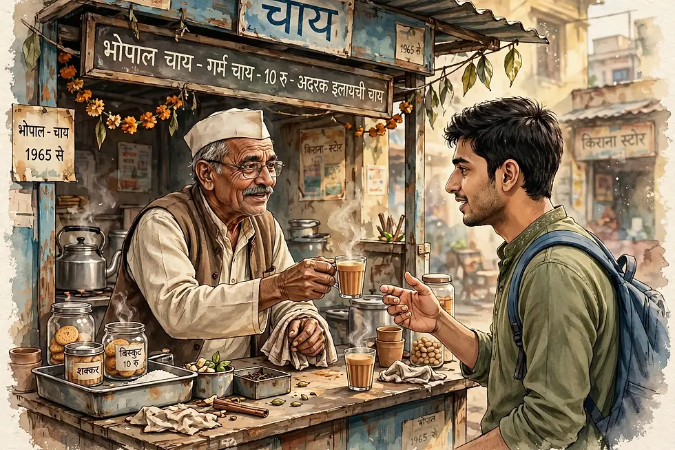 An elderly Indian chaiwala (tea stall) in a white Gandhi cap smiles as he hands a steaming glass of cutting chai to a young customer at a rustic Bhopal chai stall from 1965, with biscuit jars, marigold garlands, and Hindi signage - capturing imperfect, human connection.
