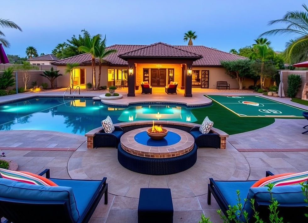 Large arizona luxury home backyard with a pool, basketball court, pickleball court, cornho