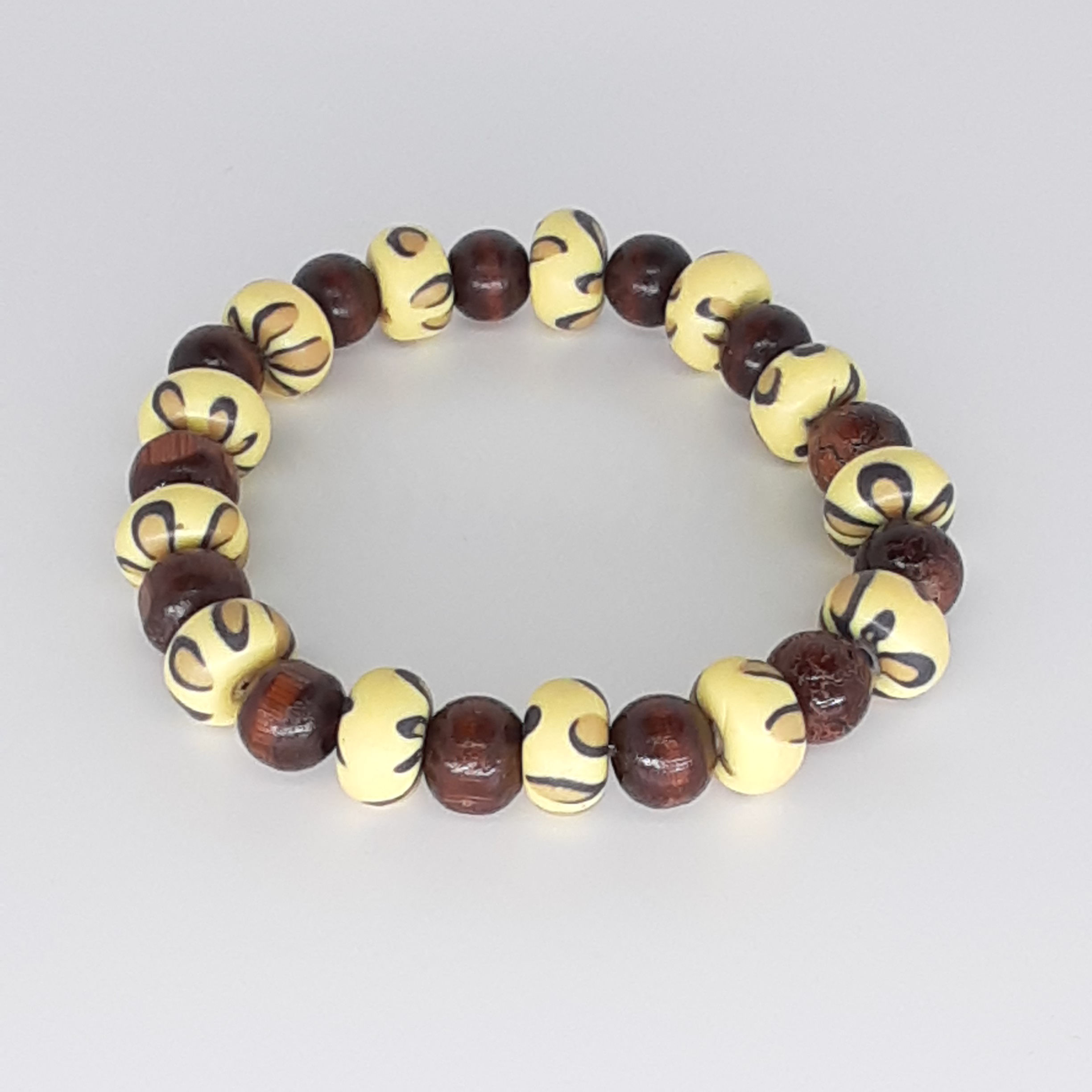 7 Inch Wood and clay  Beaded Stretchy Bracelet