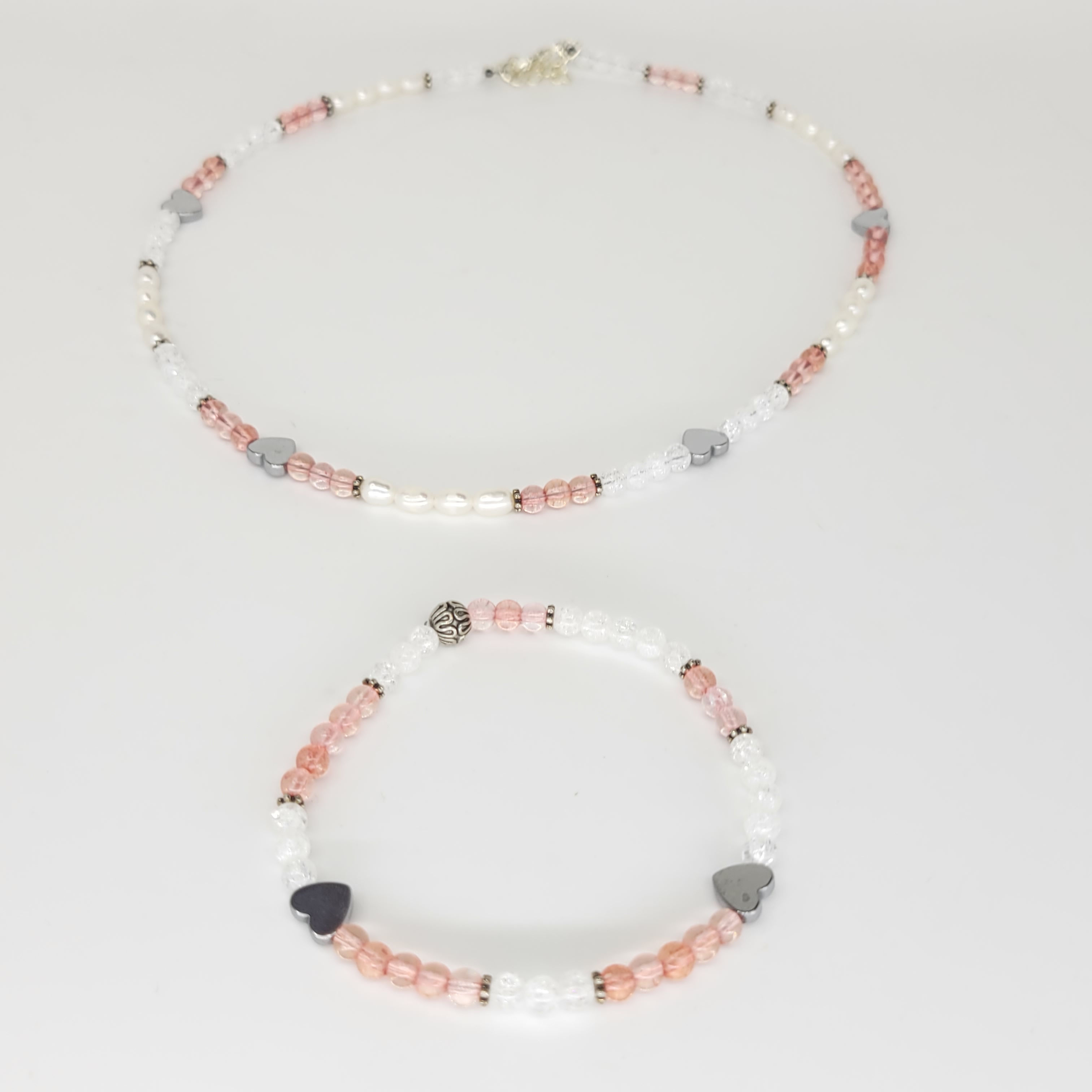 16 Inch Pink Quartz, Pearl, And Quartz Necklace & Bracelet Combo