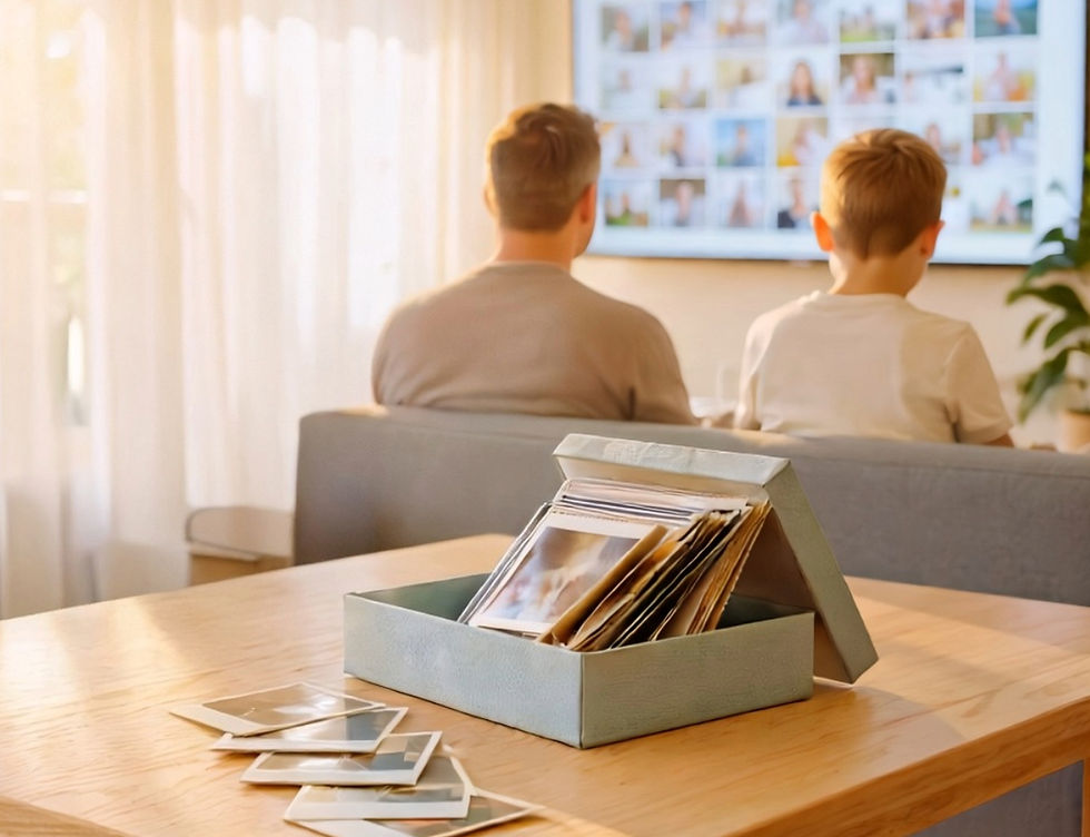 Father and son viewing photos, box of prints on table