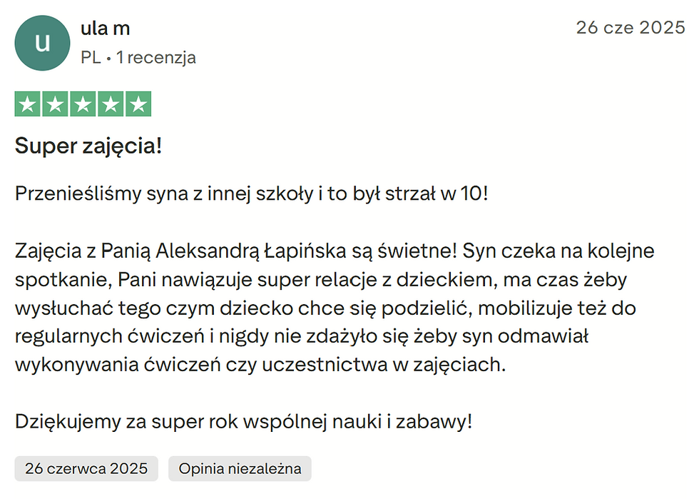 Zrzut opinii użytkowniczki „ula m” o relacji trenerki z dzieckiem i motywacji do ćwiczeń.