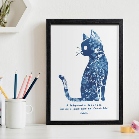 cadre, decoration, chat, cyanotype