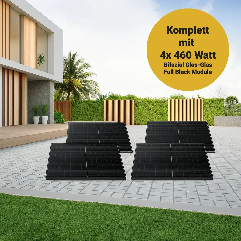 Quattro-Balkonkraftwerk 1840W, Full Black bifazial Komplettset Flachdach/ Boden