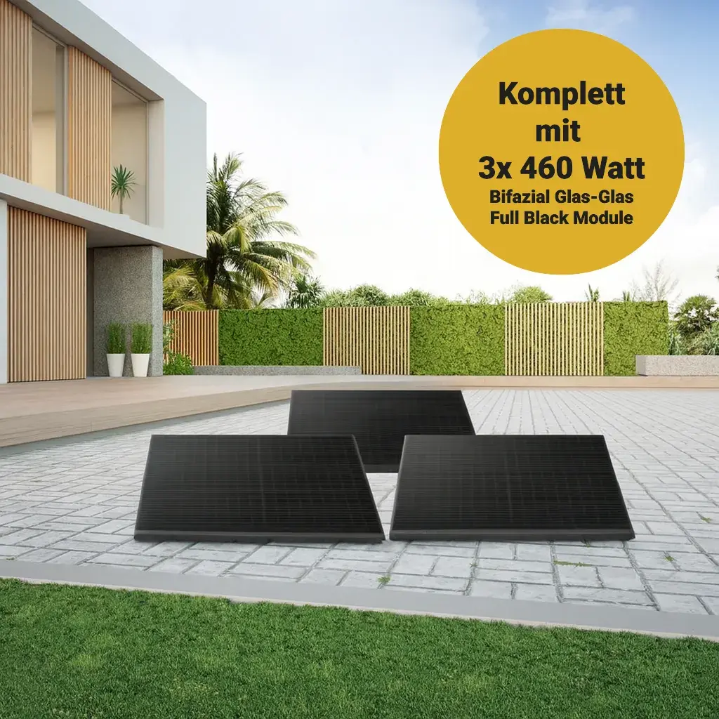 Tre-Balkonkraftwerk 1380W, Full Black bifazial Komplettset Flachdach/ Boden