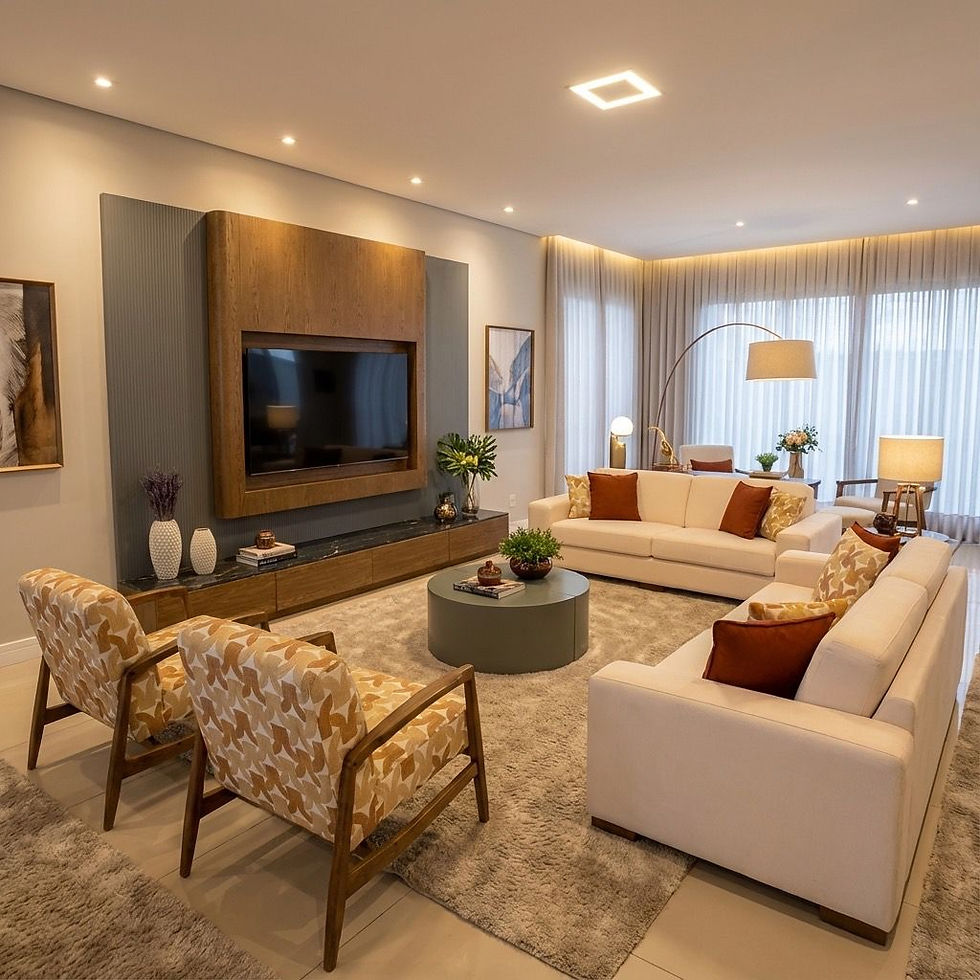 Bu çözüm, geniş hacimli yaşam alanlarında TV’nin merkezde konumlanmasına rağmen mekânsal dengeyi korumak amacıyla tasarlanmıştır.