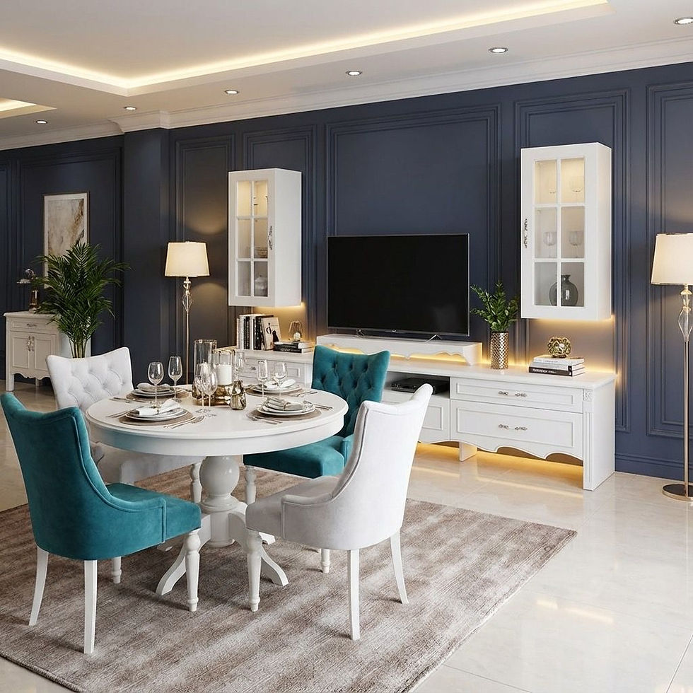 Bu çözüm, TV alanının yemek alanıyla aynı hacimde yer aldığı mekânlarda görsel ayrışma sağlamak amacıyla ele alınmıştır.