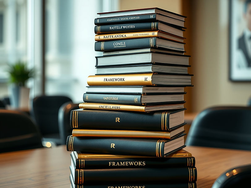 research of frameworks stack of gold and black books in a boardroom .jpg