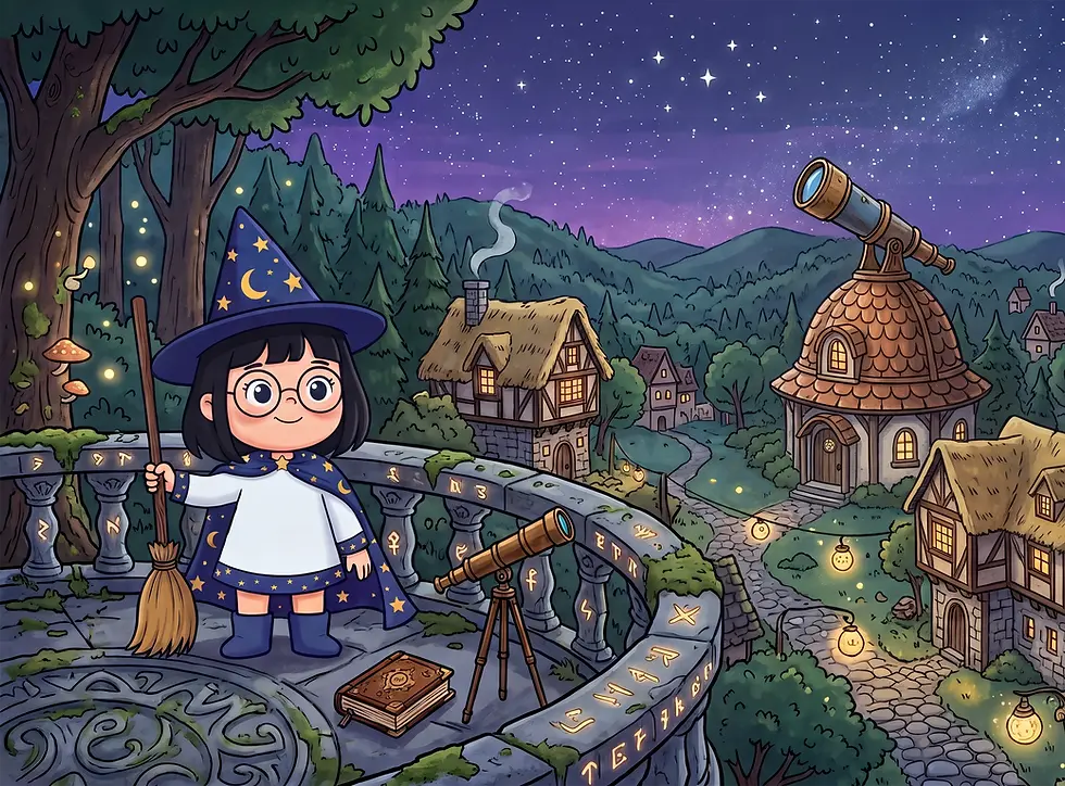 Misty the witch looking up at the nights sky in Bramble Hollow.
