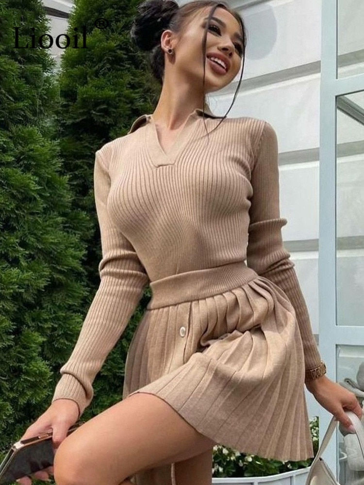 Thumbnail: Knit Pleats: Two-Piece Sweater Skirt Set