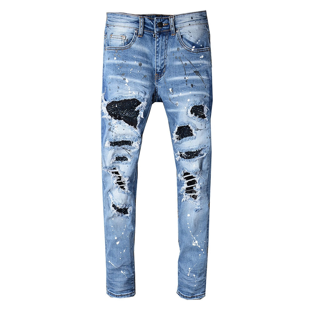 Rhinestone Crystal Patchwork Jeans: Stylish Stretch Denim