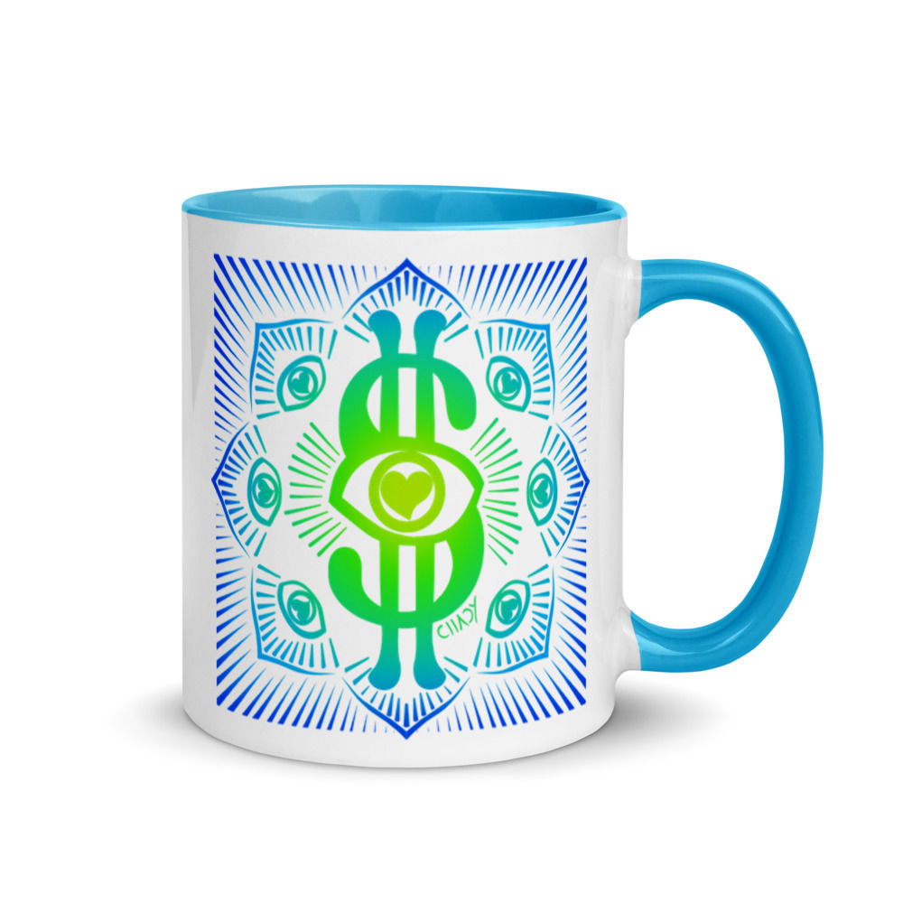 I Am Wealthy | Dollar Mandala | Ceramic Mug | Blue Inside | 11 oz | Chady Elias