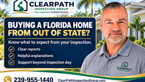 “Home inspector examining a Southwest Florida property while out-of-state buyers review an inspection report remotely.” Adjust to match the final image.