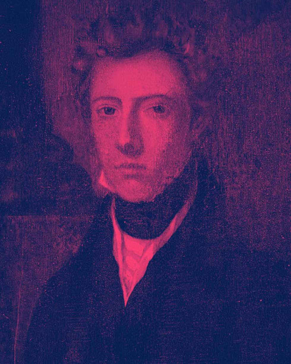 period portrait of james barry, a masculine figure with short hair and period clothing with a high collar. the painting has been digitally recoloured in two tone pink and purple