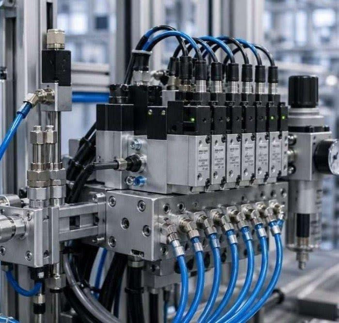 Industrial pneumatic valve manifold with blue tubes