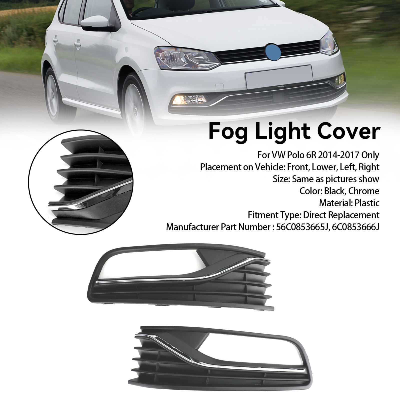 Areyourshop Pair Front Bumper Fog Light Cover Grill Grille for VW Polo 6R 2014 2