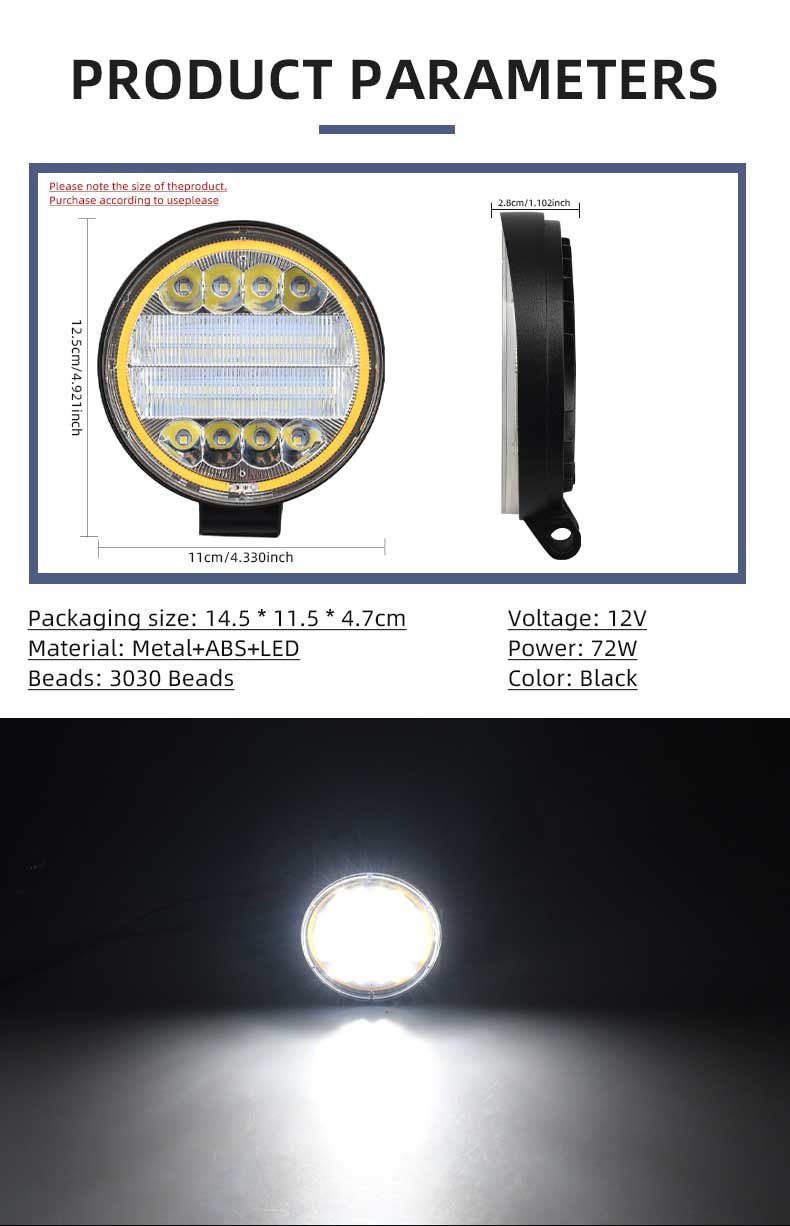 Thumbnail: 4-Inch 72W LED Round Spot Work Light Combo Flood Driving Amber Fog Lamp For Truc
