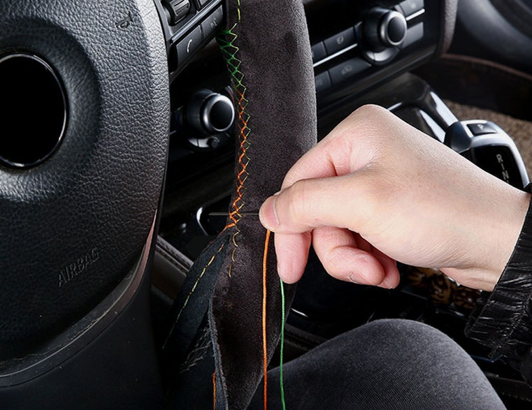 Suede Leather Braiding Steering Wheel Cover - Hand Sewn Anti Slip Handle Cover,C
