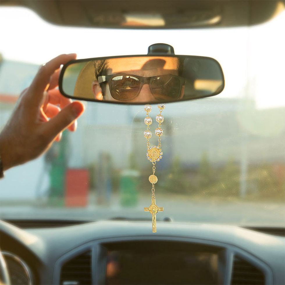 Thumbnail: 2Pcs Car Rearview Mirror Cross Ornament Gold Silver Lace Glass Pearl Hanging Dec