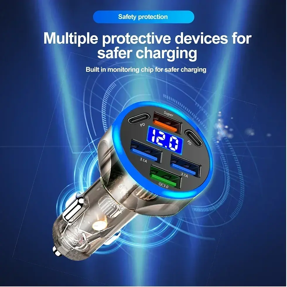 Thumbnail: 200W 6 Ports Car Charger Fast Charging PD QC3.0 USB C Car Phone Charger Type C A