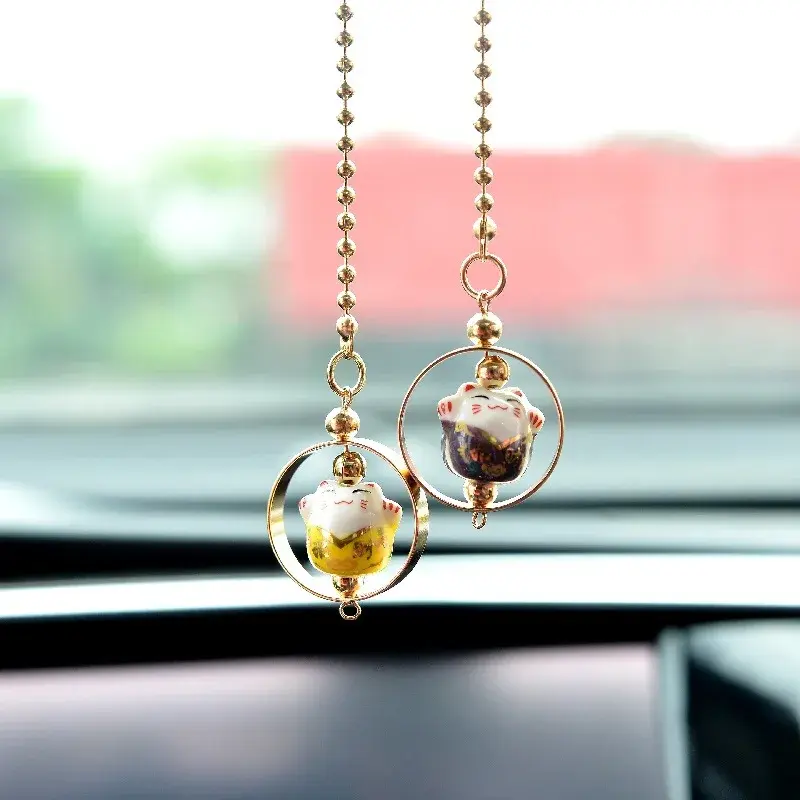 Thumbnail: Car Pendant Lucky Cat Rearview Mirror Decoration Ceramics Alloy Dashboard Access