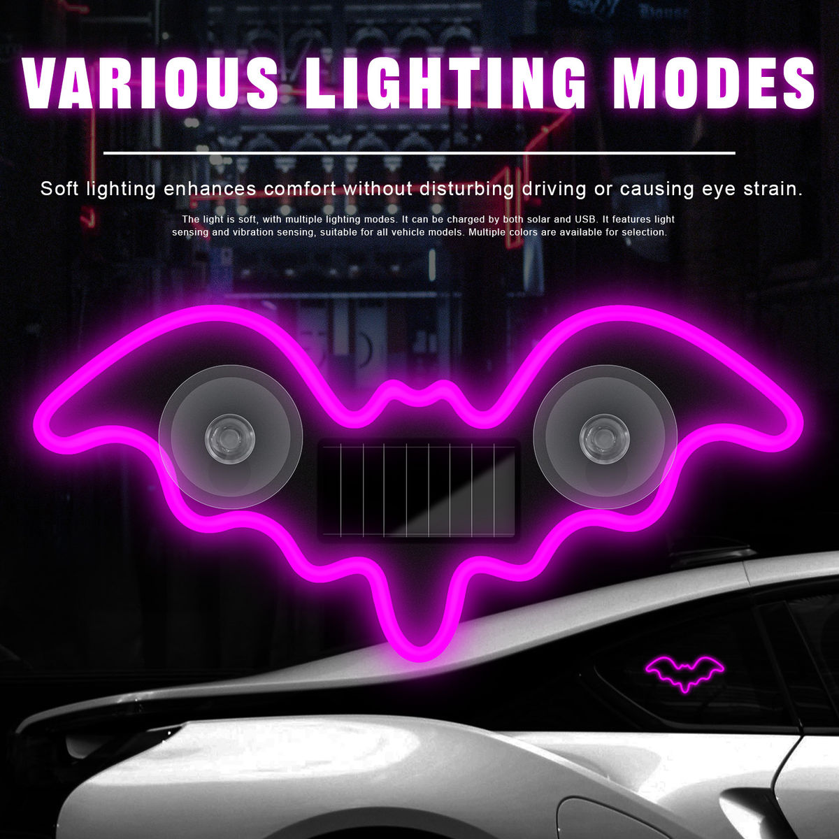 Solar Atmosphere Light Bat-shaped Dynamic Gradient LED Fit Car Window Interior A
