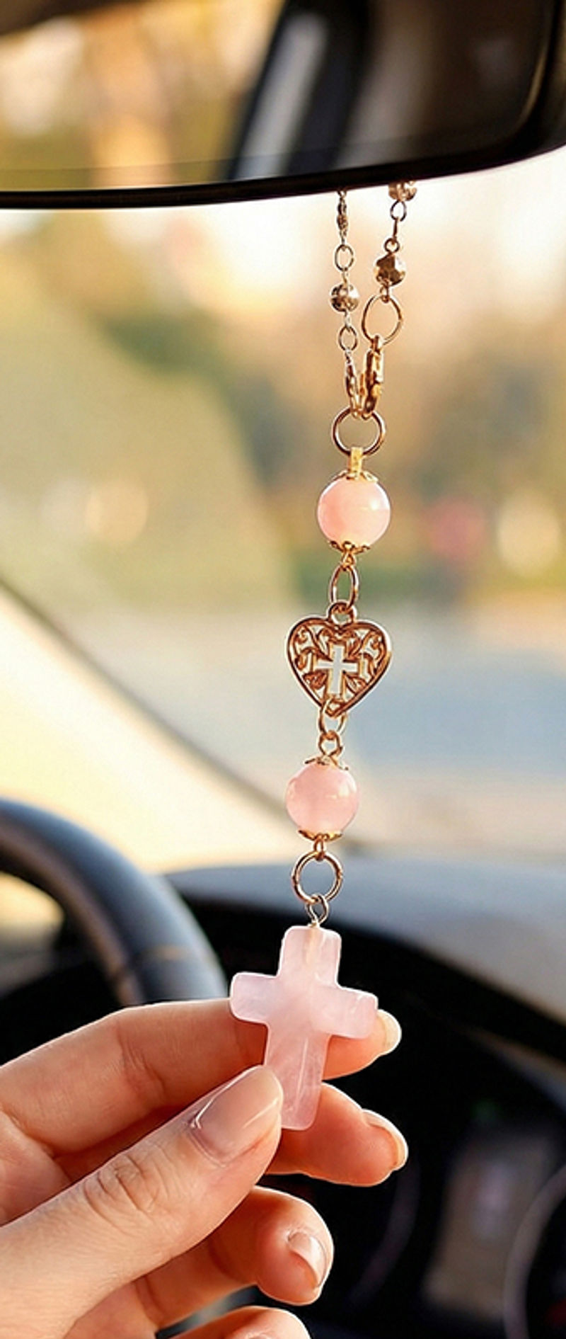 Elegant Natural Rose Quartz Cross Car Accessories Heart & Crystal Beaded Rearvie