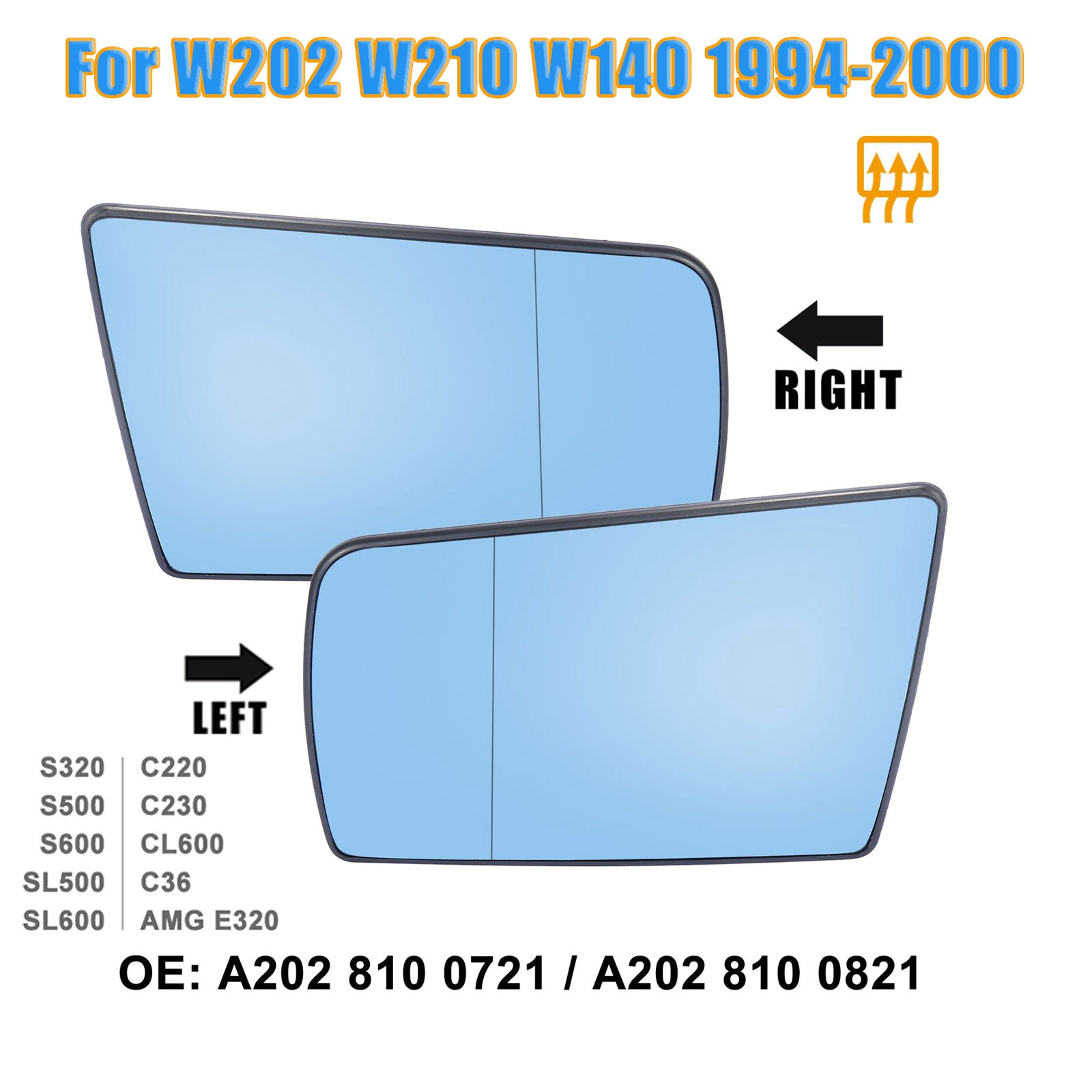Right Side Wing Mirror Glass Heated with Backing Plate for Mercedes-Benz C W202