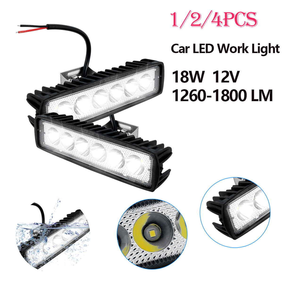 1/2/4Pcs 18W Car LED Work Light 12V 6000K Super Bright Car LED Light Bar IP67 Wa