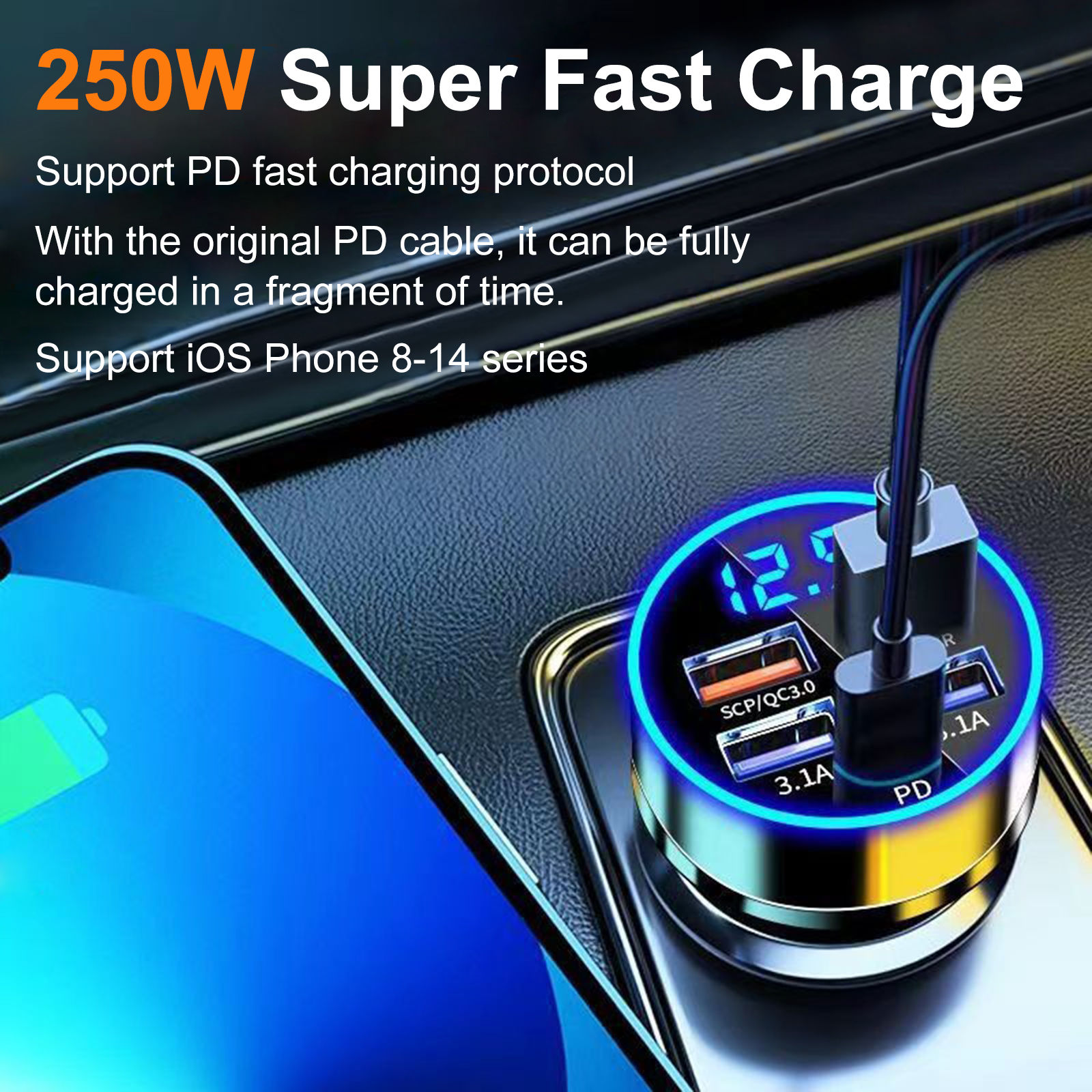 5 Ports LED Car Charger 250W Fast Charging Adapter Type C PD Mini Car Phone Char