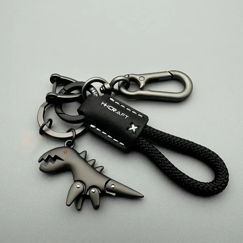 Thumbnail: Cool Black Dinosaur Keychain with Movable Joints, Braided Rope Car Key Holder, S