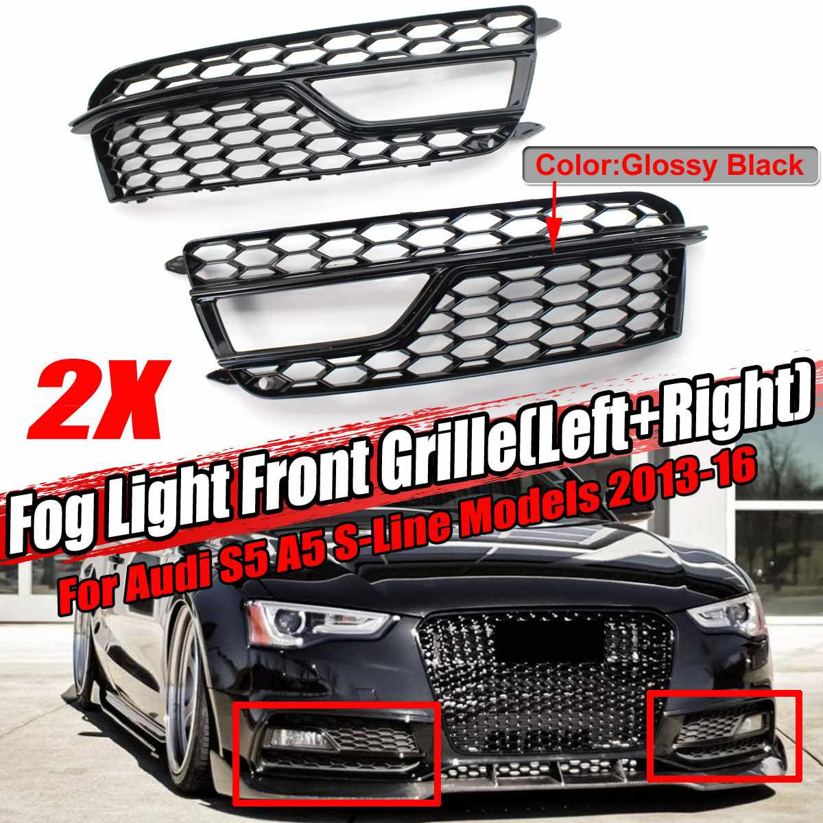 Black/Silver Pair Honeycomb Car Front Fog Light Lamp Cover Honeycomb Grill Bumpe