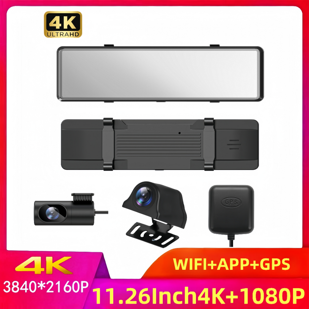 4K 3840*2160P 11.26 Inch Dash Cam Dual Lens Camera WIFI GPS APP Dashcam Front an