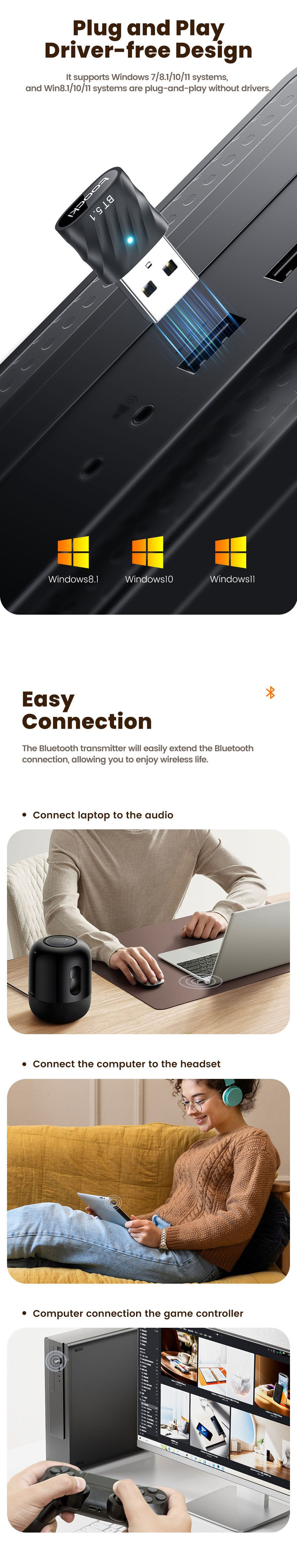 Thumbnail: Toocki USB Bluetooth5.1 Car Adapter Dongle Audio Receiver Speaker For PC Speaker