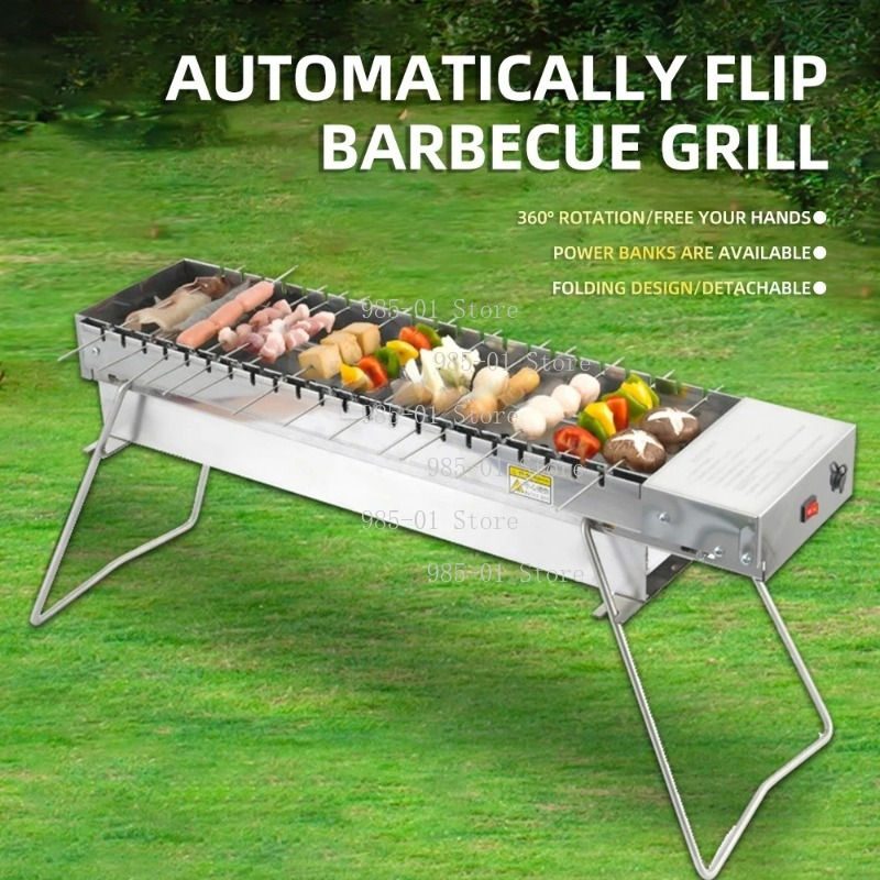 Outdoor camping folding charcoal grill rack, automatic flipping barbecue machine