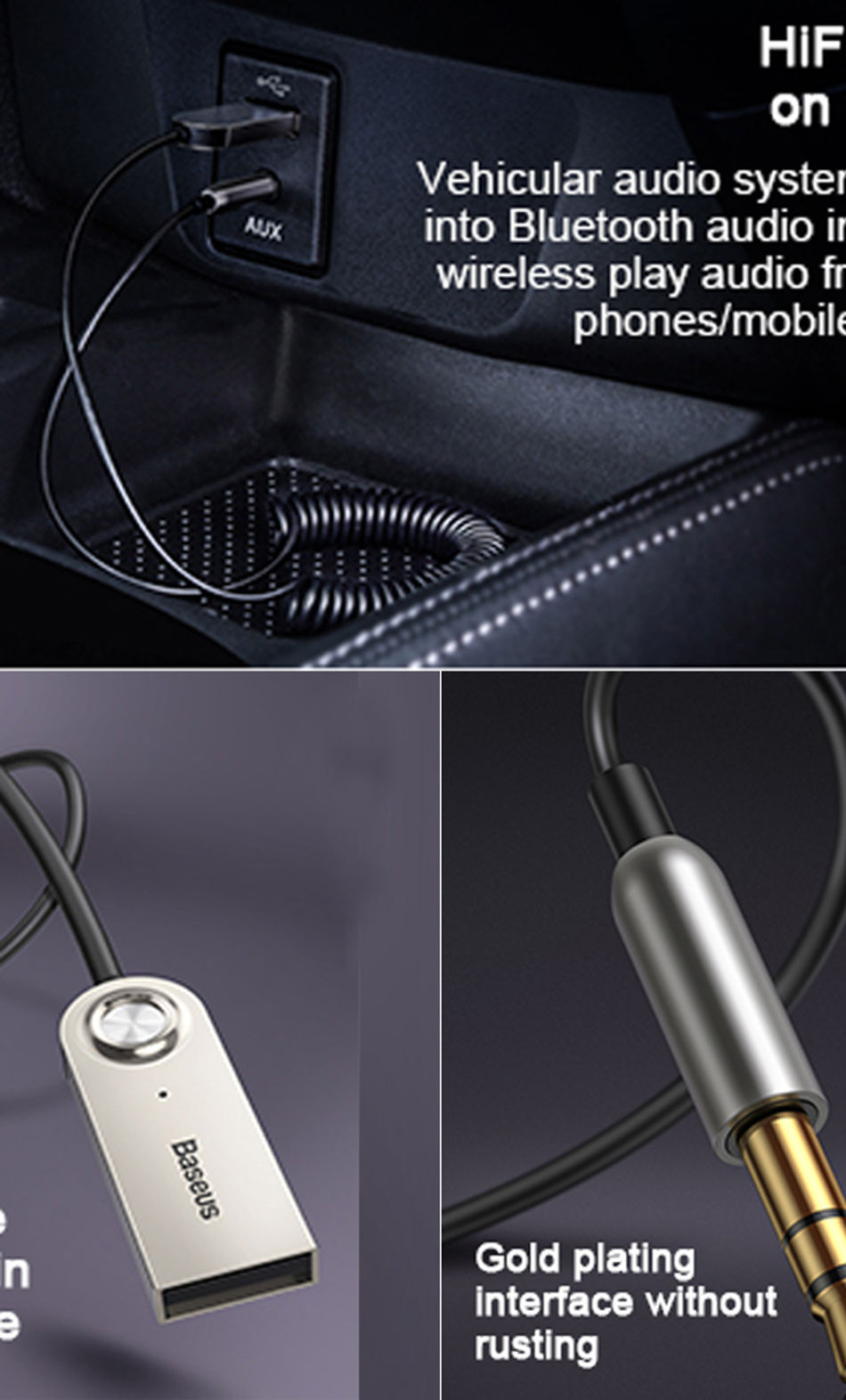 Thumbnail: Baseus Bluetooth Car Audio Cable 5.0 Transmitter Wireless Receiver Car AUX 3.5mm