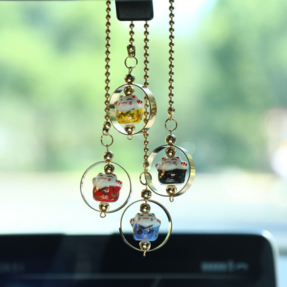 Thumbnail: Car Pendant Lucky Cat Car Rearview Mirror Decoration Ceramics Alloy Hanging Orna