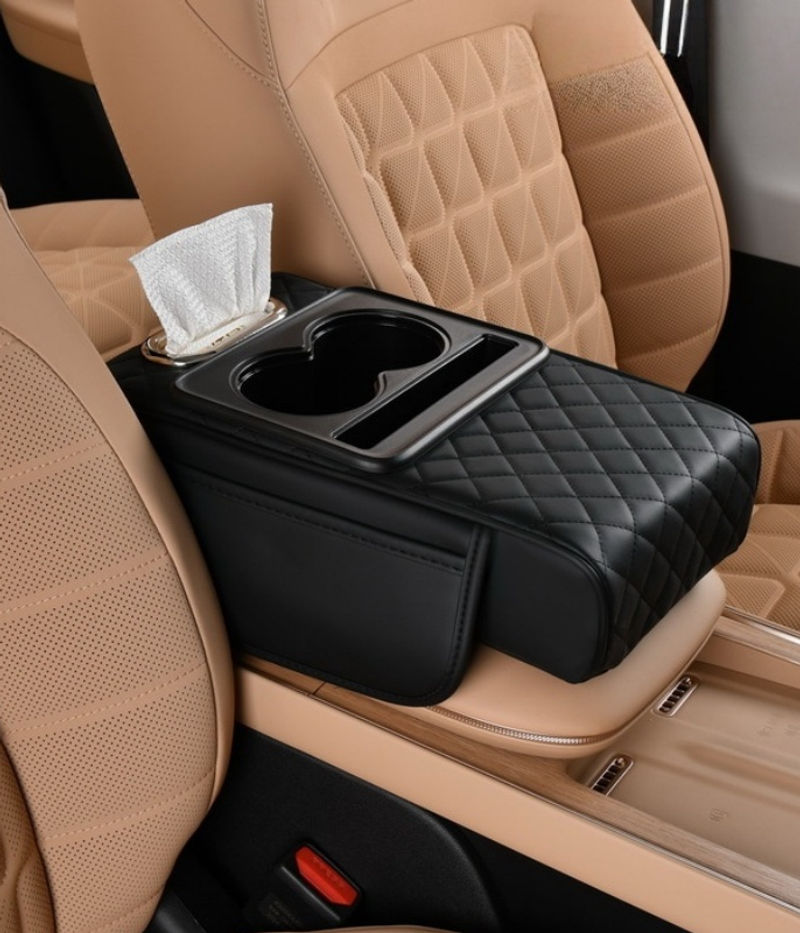 Auto Center Console Armrest Cushion With 2 Cup Holder PU Leather Armrest Pad Por