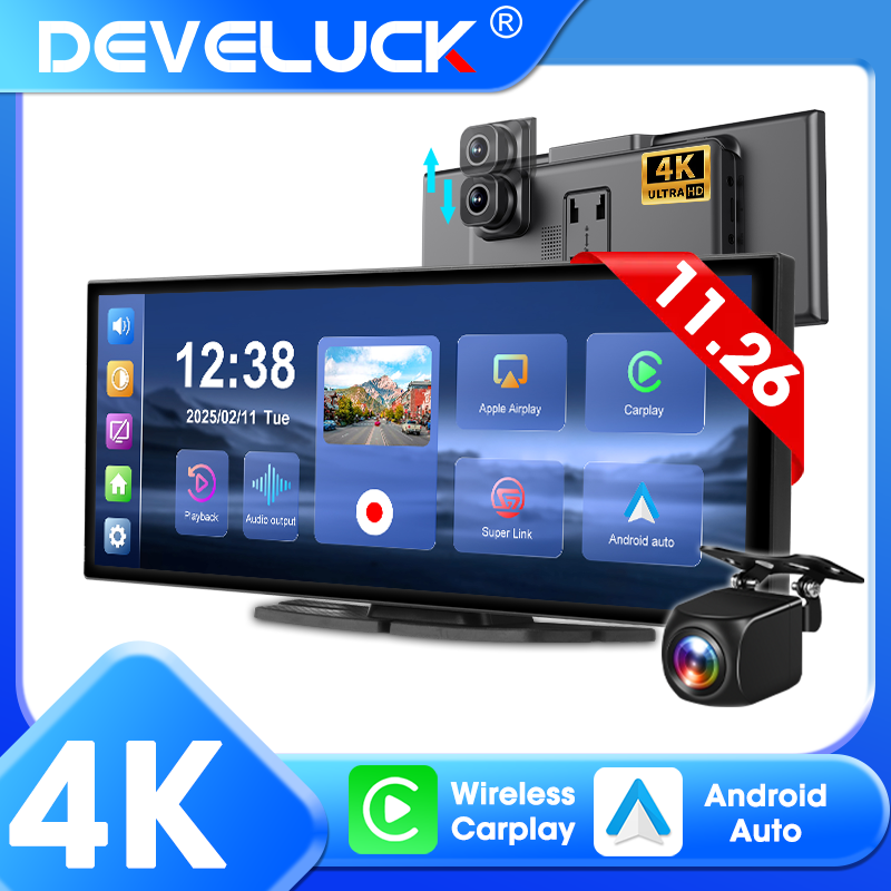 Develuck NEW 11.26 inch 4K DVR Wireless CarPlay and Android Auto Portable Dash C