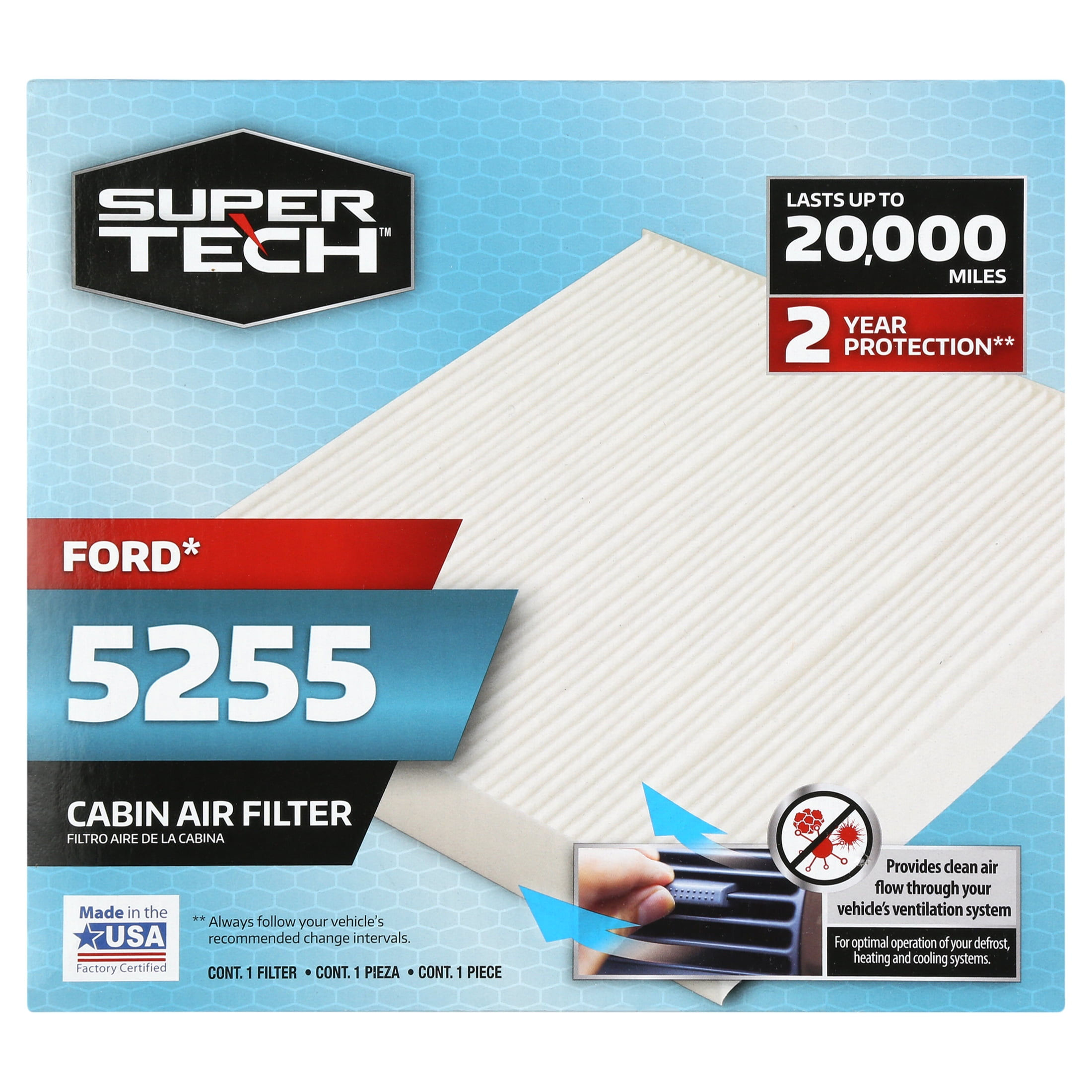 SuperTech Cabin Air Filter, 5255, Replacement Air/Dust Filter for Ford Fits..