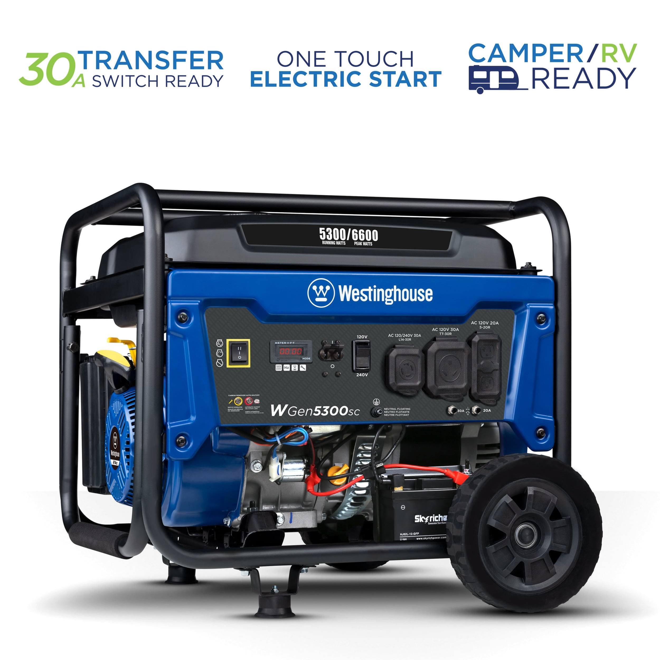 6600 Peak Watt Electric Start Portable Gas Powered Generator with CO Sensor and 
